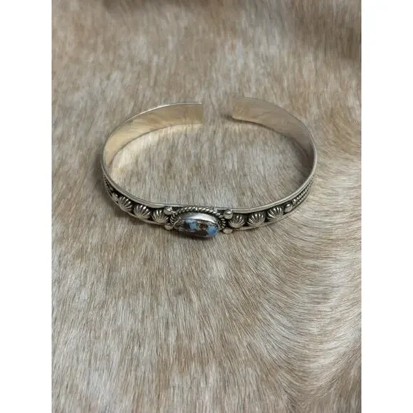 Native American SW Sterling Silver & Golden Hills Turquoise Dome Cuff Bracelet